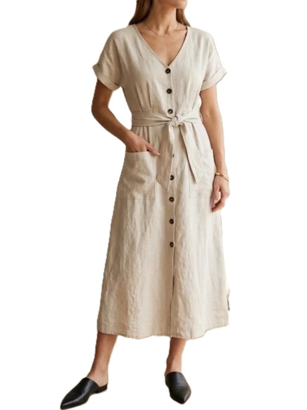 Rachel Zoe 100% Linen Midi Dress XS Beige Short Sleeve Pockets Belt Tie NEW